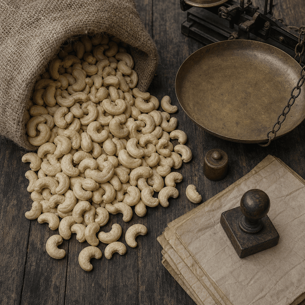 Amandes de cajou en vrac sortant d'un sac de jute, près d'une balance en laiton et d'un manifeste tamponné